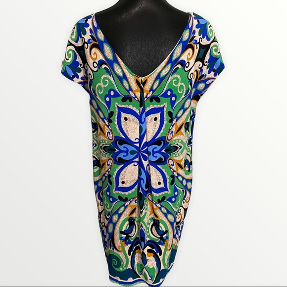 Maeve Sheath Dress Medium Blue Green Tan Print Pullover V-neck Sleeveless - Picture 5 of 7